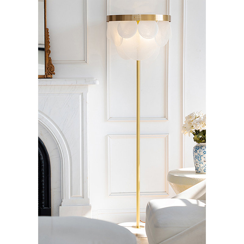 French-Style Glass, Marble & Solid Brass Floor Lamp