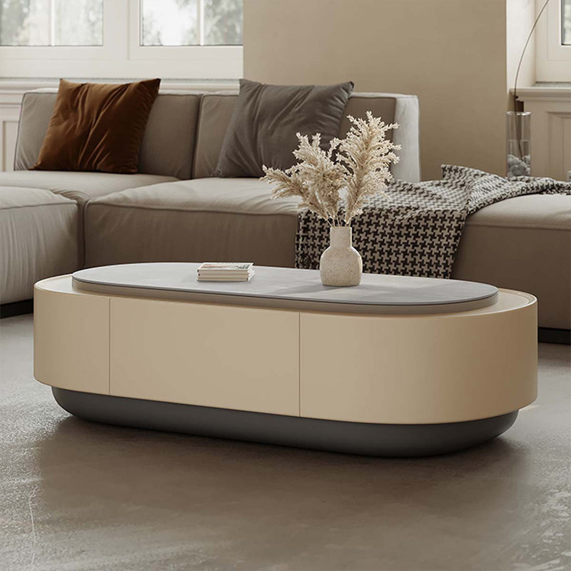 Table basse ovale en bois manufacturé en pierre frittée gris-blanc