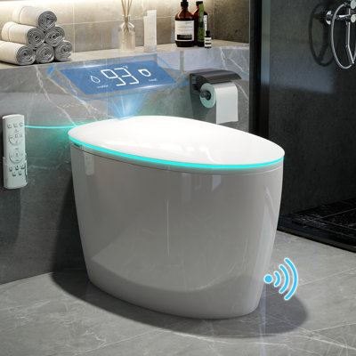 Toilettes bidet intelligentes avec protection en mousse, ouverture/fermeture automatique et siège chauffant – Toilettes monobloc sans réservoir avec télécommande et capteur de pied