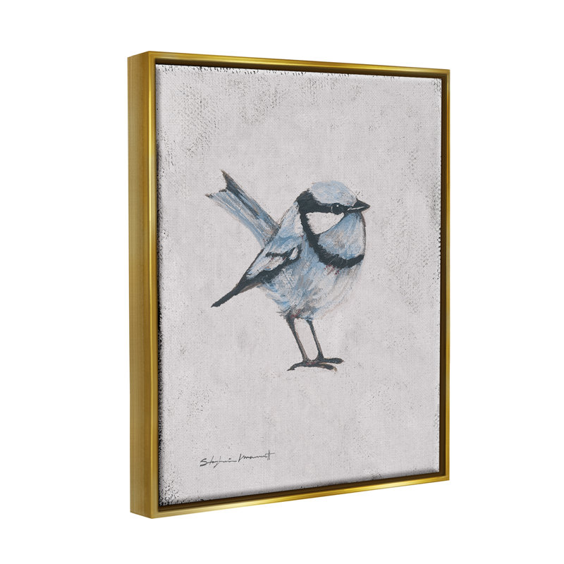 Oiseau Wren - peinture, H 21 po x l 17 po x P 1,7 po, Cadre flottant métallique doré