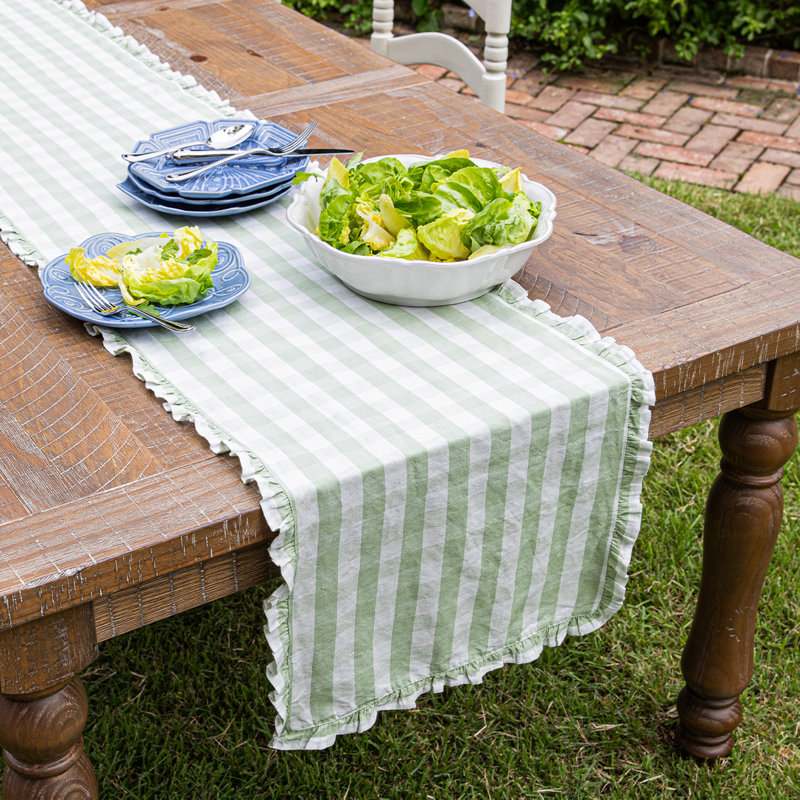 Gingham Ruffle 18" x 90" Table Runner, Seagrass, 90" L x 18" W