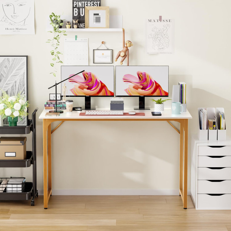  Computer Desk, 32 Inch Home Office Writing Desk With Metal Frame, For Home Office, Gold, Gold, 29.7" H x 31.5" W x 19.7" D