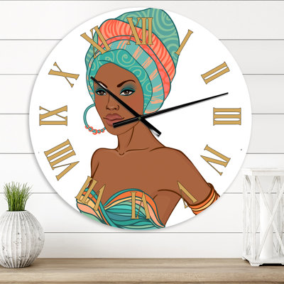 Femme afro-américaine avec boucle d'oreille et turban - horloge murale moderne