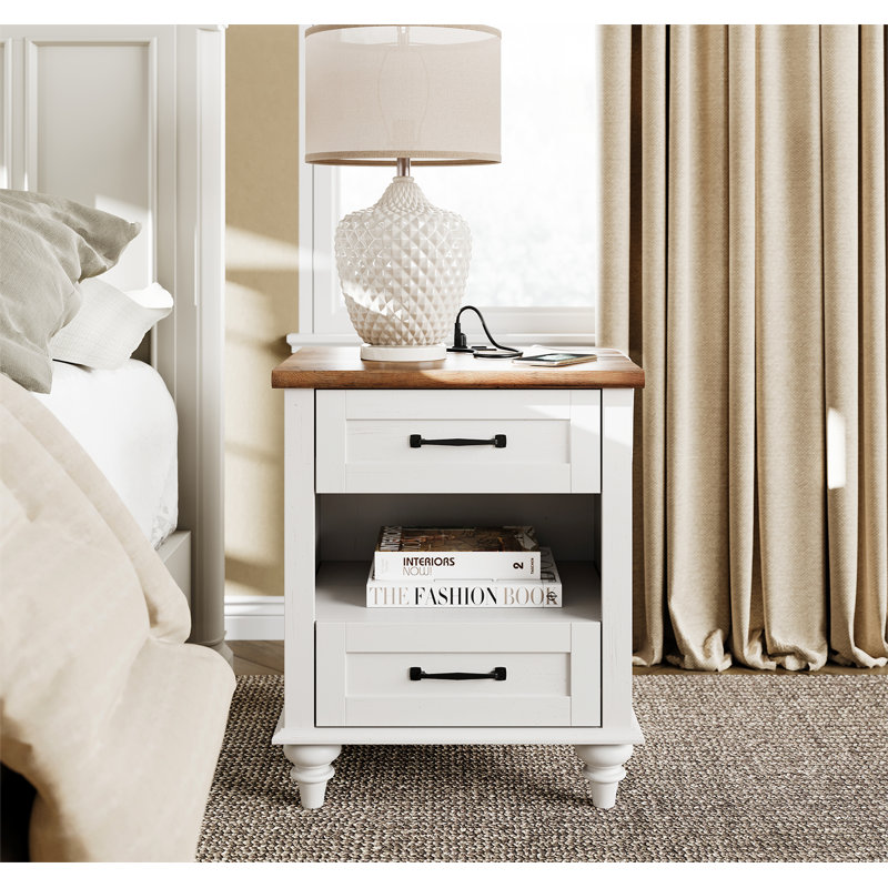 Table de chevet 2 tiroirs Scarlett, Blanc / Brun, Individuel