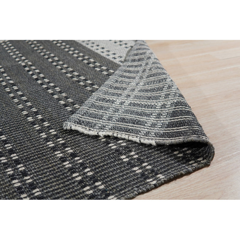Gray Hand-Knotted Wool Dotted Linear Bands Geometric Modern Contemporary Carpet Rug, 9' x 12'