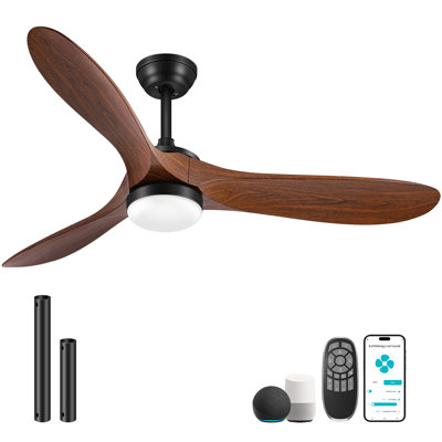52" Smart Low Profile Ceiling Fans With Lights And Remote, Flush Mount Ceiling Fan Control With Wifi/app/alexa/google, Outdoor Indoor Walnut Ceiling Fan With Light For Bedroom Living Room