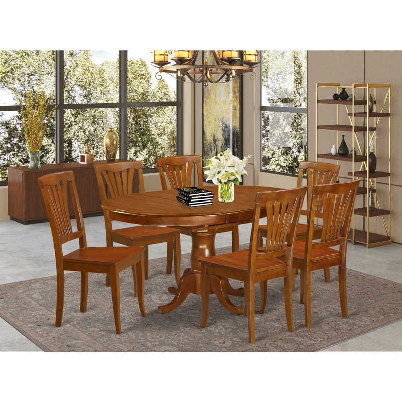 7 Piece Dining Table Set Consist of an Oval Dining Room Table with Butterfly Leaf and 6 Wood Seat Chairs, Saddle Brown