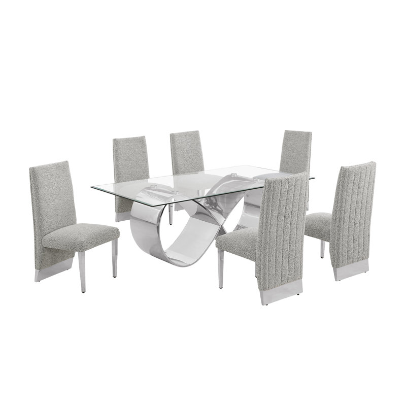 Ensemble de salle à manger en verre trempé avec chaises d'appoint en tissu Boucle, Gris riche, Argent argent