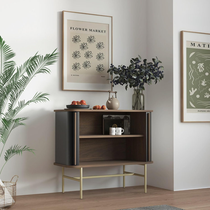 Buffet avec portes coulissantes, crédence moderne Mid-Century avec 2 portes tambour, armoire de rangement minimaliste pour le salon, console multimédia avec rangement,