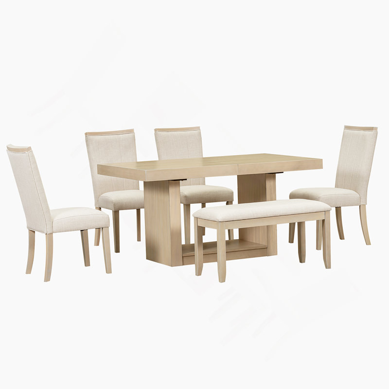 6-Piece Extendable Dining Table Set With Removable Leaf, Dining Bench, 4 Upholstered Dining Chairs