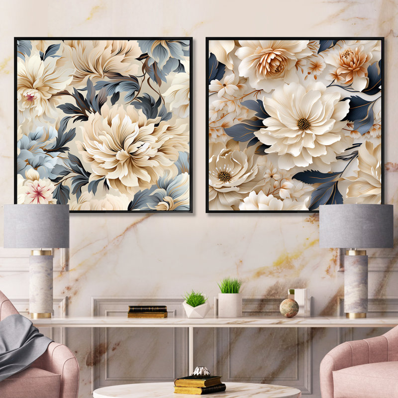Clématite - ensemble de 2 collages carrés floraux, Cadre flottant noir, H 16 po x l 33 po