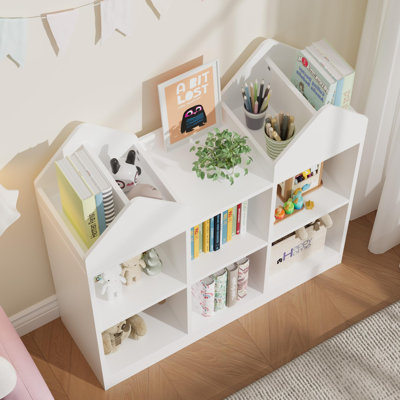 Kids Bookshelf with House Design, Double Roof Bookcase for Children, 3-Column 2-Tier Open Storage Shelf, Floor Standing Bookshelf for Bedroom Playroom Living Room, 35.4 Inch, White