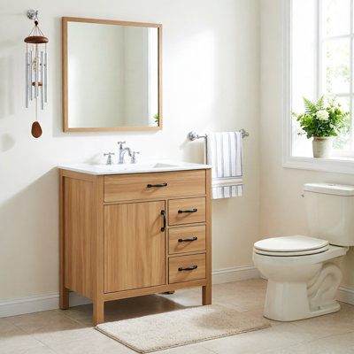 Meuble-lavabo moderne de 76 cm (30 pouces) avec lavabo en céramique, caisson en MDF et pieds en bois massif, tiroirs à fermeture amortie, poignées en alliage de zinc noir, fini bois
