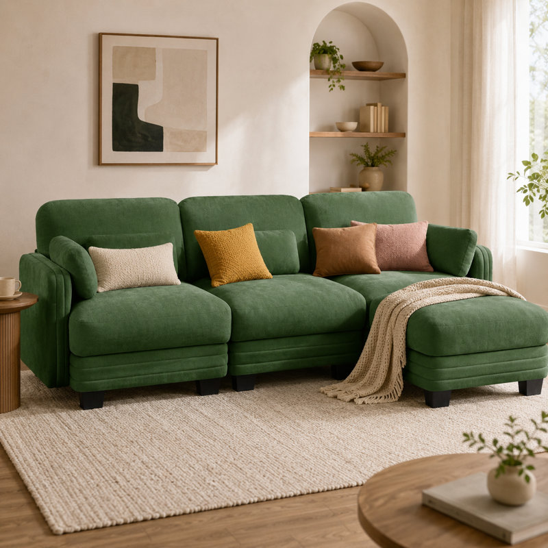 Canapé modulaire en L capitonné à 3 places avec repose-pieds mobile Channell, Vert