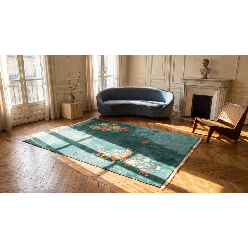 Small Square Shape Seafoam Green Color Antique Chinese Deco Wool Pile Rug