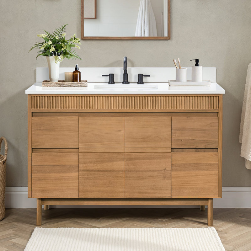 Passe-partout de 49 po Kayla Meuble-lavabo simple en teck naturel avec plateau en pierre reconstituée blanche