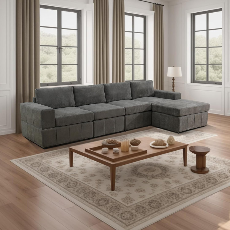 130" Wide Microfiber Sofa With Ottoman, 36" H x 130" W x 22" D