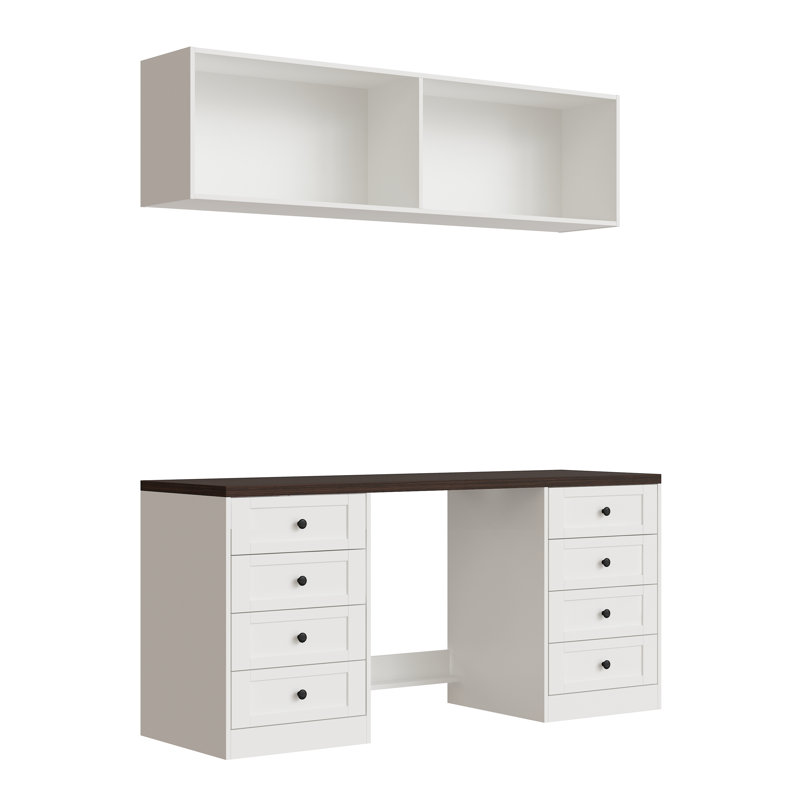 Bureau de coiffeuse Ahn 2 en 1 avec 8 tiroirs et tablettes murales