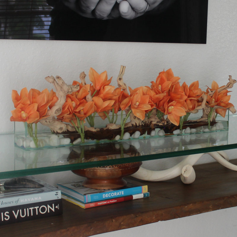 Driftwood Cymbidium Orchids Centerpiece in Glass Planter, Orange, 8" H x 24" W x 6" D