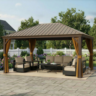 16 FT.W × 12 FT.D Steel Outdoor Hard Top Patio Gazebo with Total Mesh Protection and Antique Brass Column