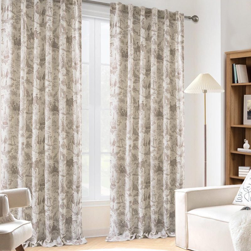 100% Blackout Toile Linen Curtains for Bedroom Double Layer Farmhouse French Country Vintage Printed Pattern Thermal Sound Lined Back Tab Living Room Drapes  2 Panels