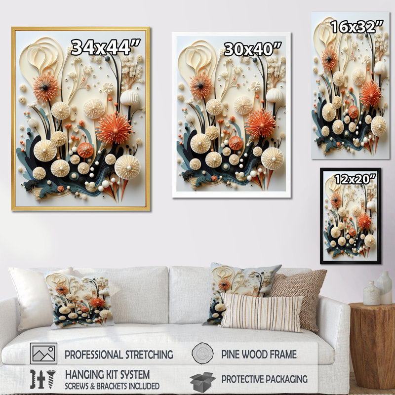 Impressions sur toile Deep Marine White and Peach - Fleurs, Toile tendue, H 44 po x l 34 po x P 1,5 po