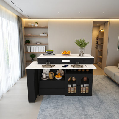 Kitchen Island With Extendable & Rotating Table, MDF With Retro Design, 4 Drawers & Glass Door Cabinets With Built-In Socket, Expandable Dining Station For 2-4 Person