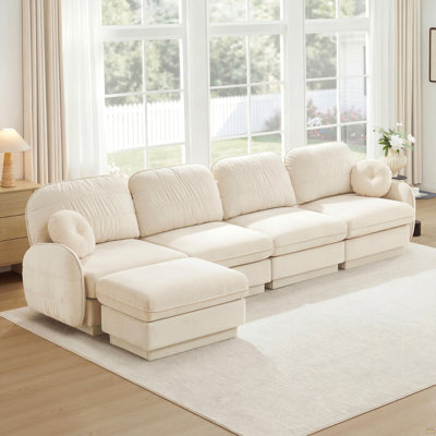 137" Oversize Chenille L-Shaped Sofa,Deep Seat Sofa Couch With Movable Ottoman,Exquisite Round Pillows And Quilted Back Cushions,Recessed Base Frame Legs,Easy Assembly,Fits Living Room,Cream Beige