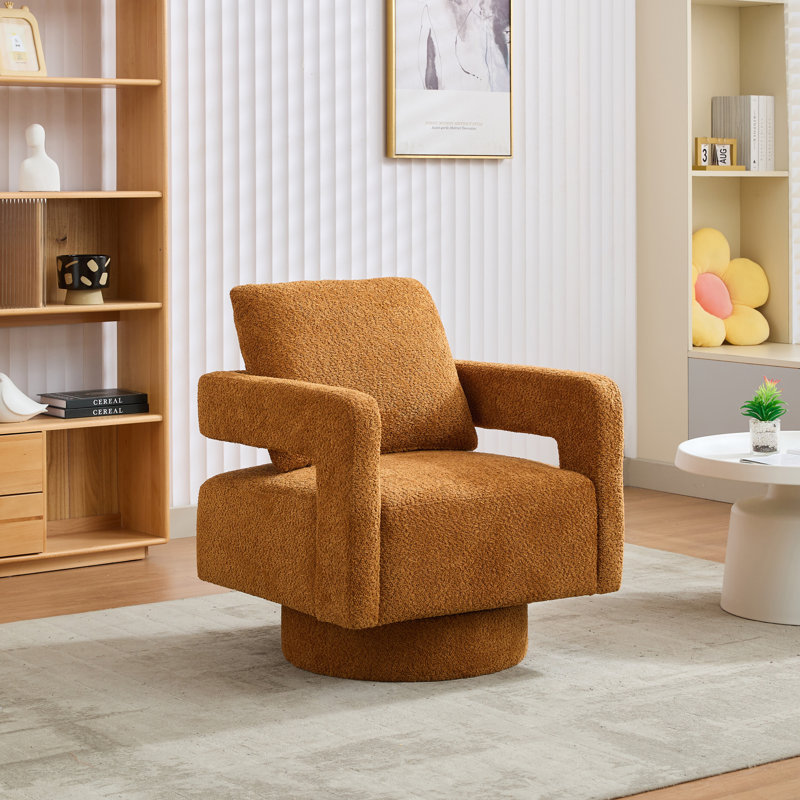 Fauteuil demi-tonneau pivotant rembourré Riqui, Tissu caramel
