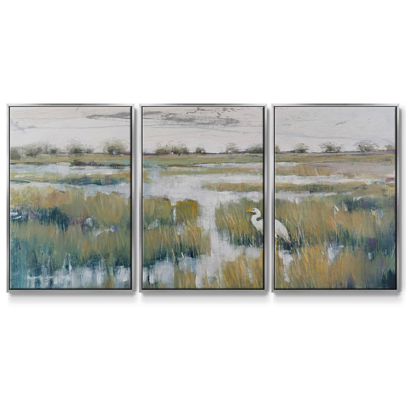 Marshland View VI, ensemble de 3 toiles encadrées, Encadrement argenté, H 36 po x l 75 po x P 2 po