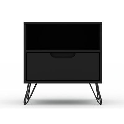 Table de chevet noire Mid-Century Rockefeller 20 | 1 tiroir et 1 tablette ouverte | Idée de cadeau