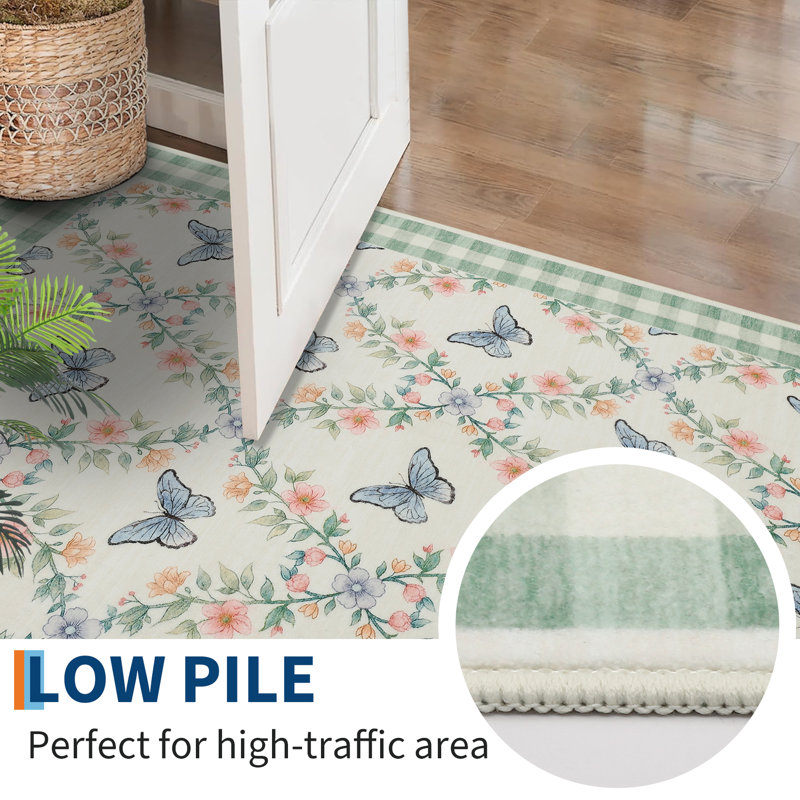 Machine Washable Modern Butterfly Floral Rug Non Slip Non Shedding Low Pile Rug Ultra-Soft Throw Floor Cover Foldable Indoor Carpet for Living Room Bedroom Guest Room Playroom Nursery