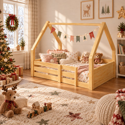 Danuj Twin Size Wood House Floor Bed with 3-Sided Guardrails, Grooved Panel Headboard, Montessori-Inspired Low Profile Bed Frame