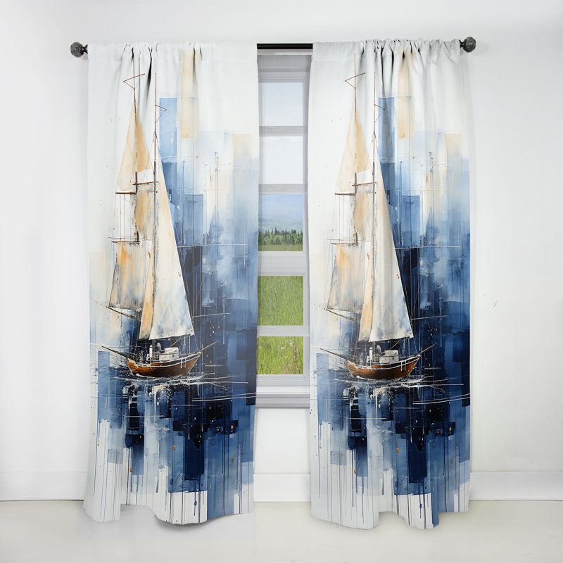 Lachlan Blue And White Nautical Geometry Boat - Nautical Curtain - Velvet Room Darkening - 1 panel, 52" W x 108" L
