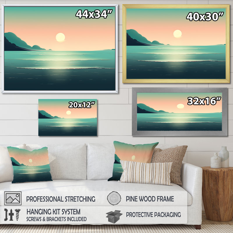 Full Moon Rising Ocean Minimalisme en bleu rétro sur toile, H 12 po x l 20 po, Cadre flottant blanc