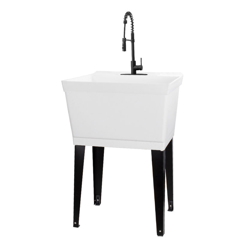 22.875 In. X 23.5 In. 19 Gallon Thermoplastic Utility Sink Set With High-Arc Coil Pull-Down Faucet, Black, White