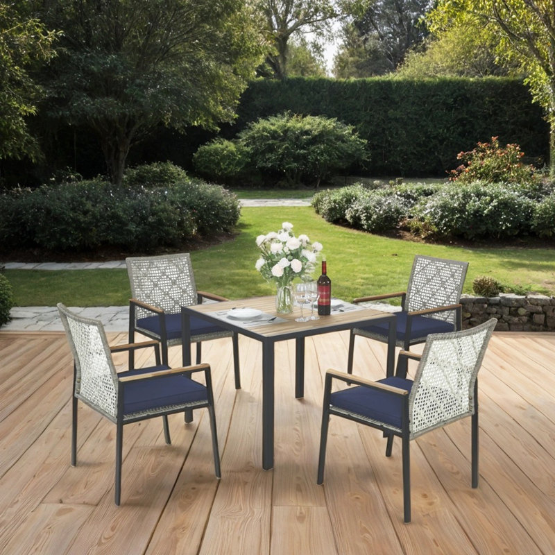 5-Piece Patio Dining Table Sets with Umbrella Hole for garden, backyard and lawn, Blue, Light Gray