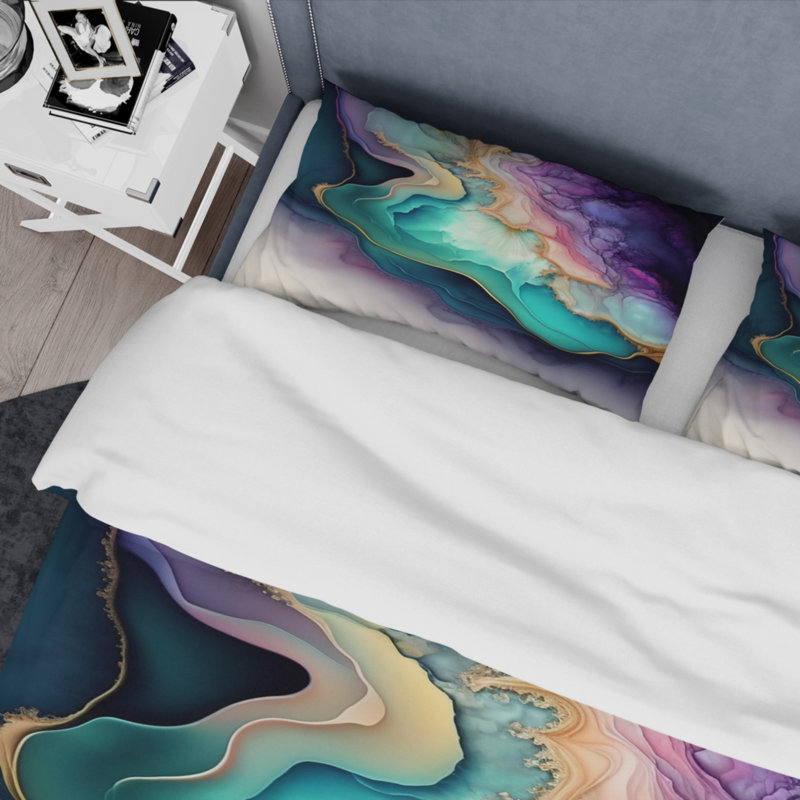 Ensemble de housse de couette en microfibre / polyester bleu mauve abstrait Geode II