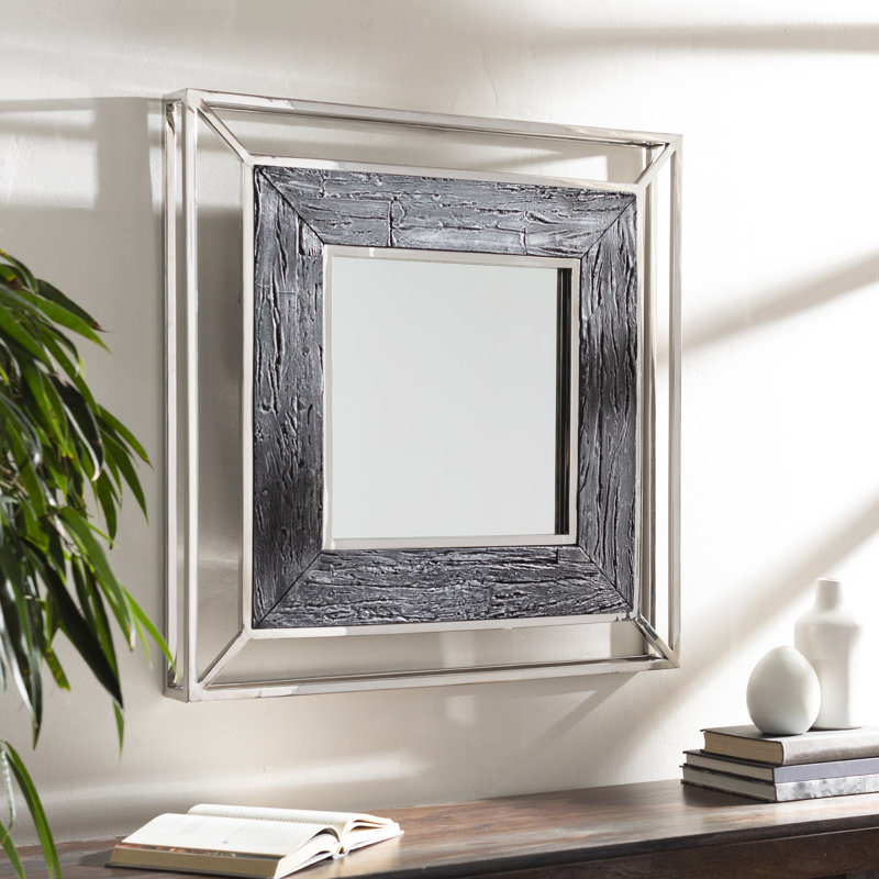 Miroir décoratif patiné Kathline, 32 po x 32 po, Noir / argent