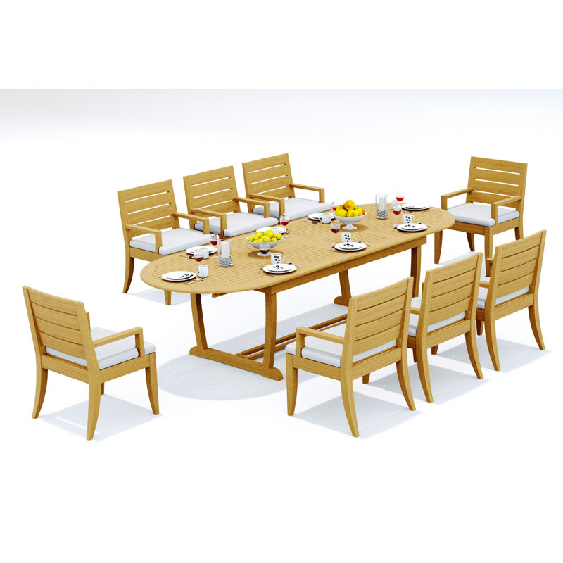 10 Seats 11 Pcs Grade-A Teak Wood Dining Set: 118" Double Extension Mas Oval Trestle Leg Table And 10 Atnas  Arm Chairs #11AT2710