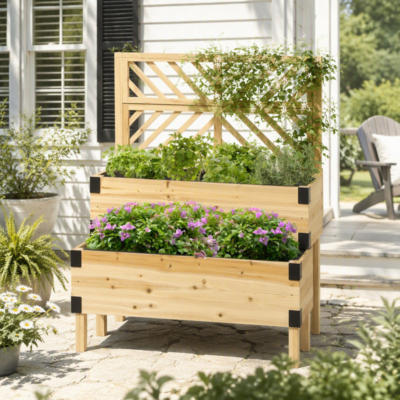 Jardinière surélevée en bois à deux niveaux avec treillis et coins en métal renforcé pour une croissance saine des plantes