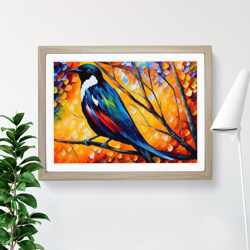 Magpie Bird Vol.2 Abstract - Single Picture Frame Painting, 46cm H x 64cm W x 2cm D, Oak