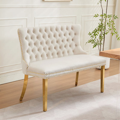 Velvet Double Dining Loveseat Bench, Kitchen & Dining Seating, 2-Seat Tufted Bench W/Handmade Buttons, Wing Back, Gold-Plated Steel Legs, Mid Century Modern
