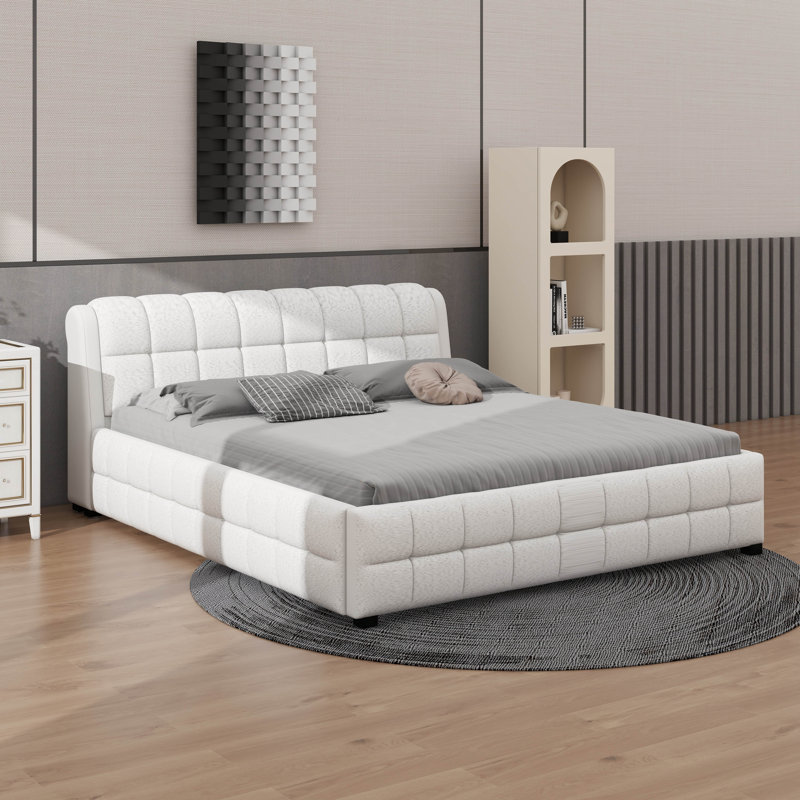 King Size Upholstered Platform Bed, White, King
