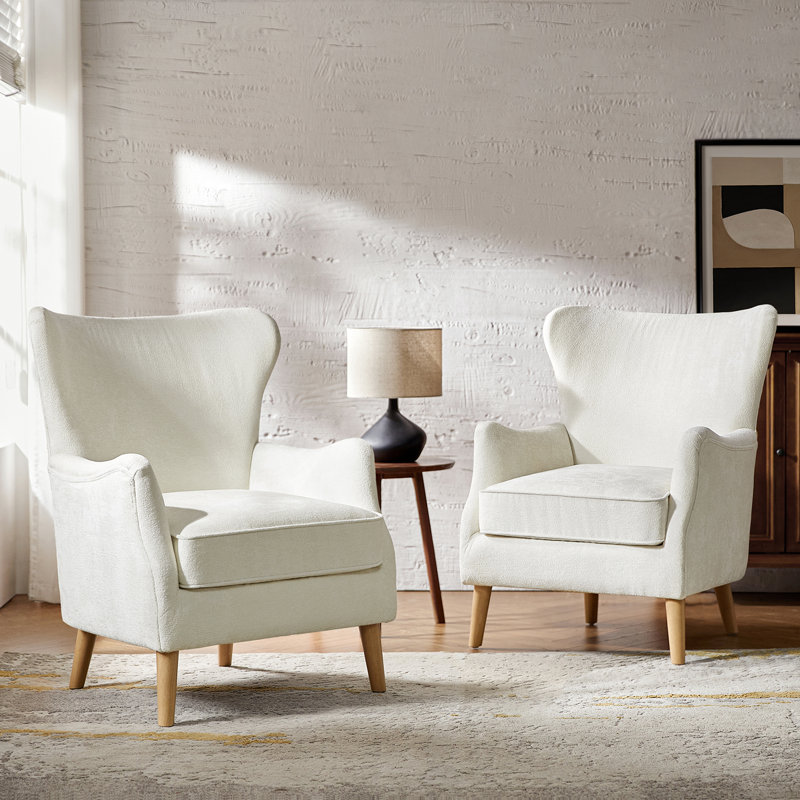 Caden 28.5" W Modern Boucle Wingback Armchair With Solid Wood Legs, White Polyester