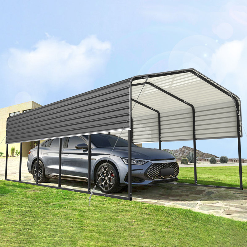 Abri d'auto en métal 12 x 25 x 9,6 pi avec toit ondulé - noir