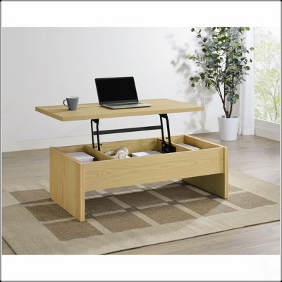 Table basse sophistiquée en chêne clair avec mécanisme relevable et rangement dissimulé pour les salons modernes