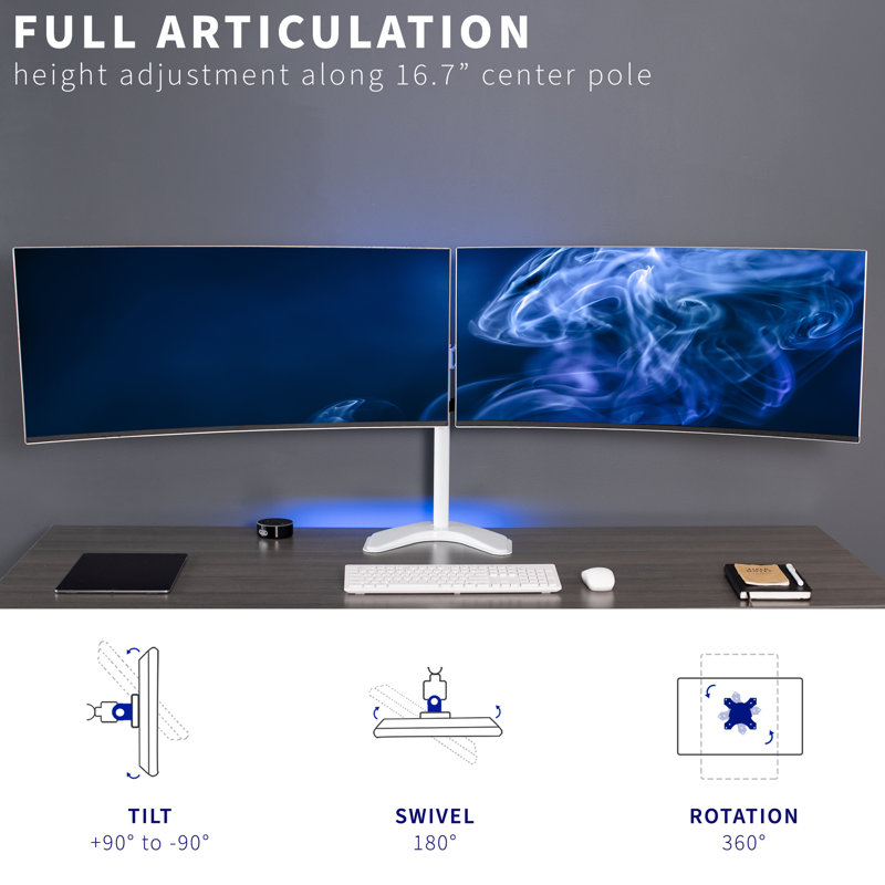 White Steel Dual Monitor Freestanding Desk Stand with Telescoping Arms