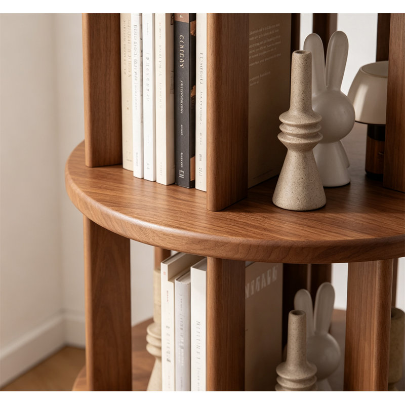 Corner Shelf, Solid Wood Rotating Bookshelf Tower with Wheels, Walnut
