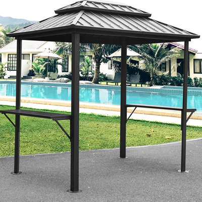 Grey Bbq Gazebo 8' 6', With Metal Frame And Double Roof For Garden grey 6' Shelves - Provides Shade Patio, Lawn Deck